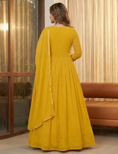 RUDRAPRAYAG Anarkali Georgette and Santoon Maxi Gown for Women | Long Anarkali Gown for Women Semi-Stitched Yellow