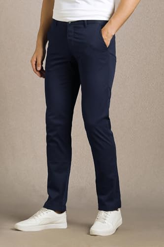 Men Navy Solid Flat Front Casual Trousers