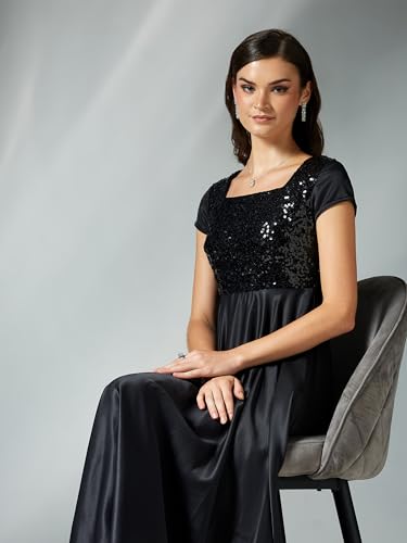 Miss Chase Women's Square Neck Short Sleeve Embellished Polyester Fit & Flare Maxi Dress (MCAW25D88-29-62-02, Black, XS)