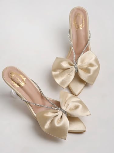 Shoetopia Women’s Satin Bow Golden Heeled Sandals, Rhinestone Strap Slingback, Peep Toe with Clear Flared Heel Comfortable EU35