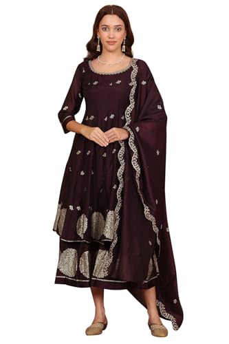W for Woman Purple Floral Printed Dori Embroidered Chanderi Flared Kurta with Mock Layer and Dupatta Set (Size: M)-24AUWS11194-124358