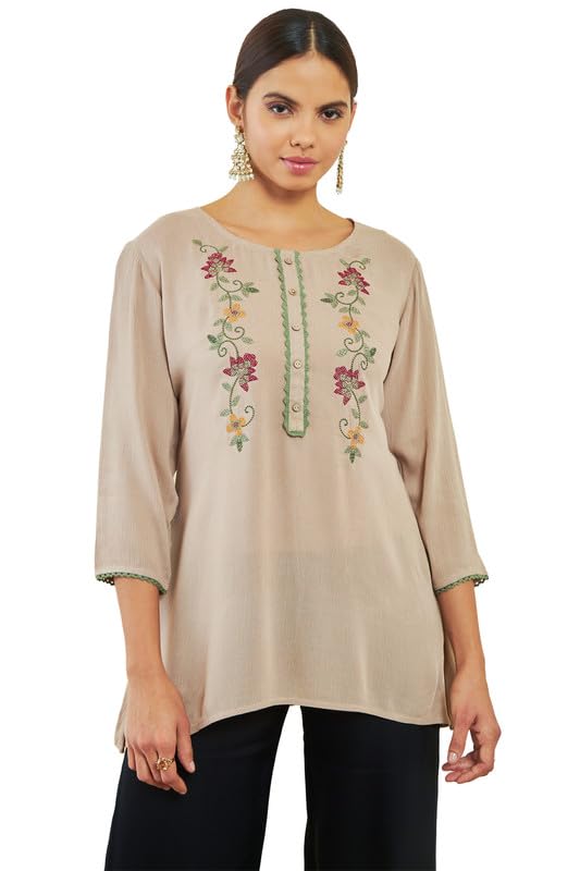 Soch Womens Beige Crepe Floral Threadwork Embroidered Round-Neck Tunic