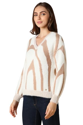 Allen Solly Women's Acrylic Blend V-Neck Sweater (AHSWCRGH914688_White