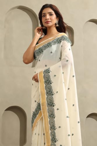 Soch Womens Green Cotton Kasavu Embroidered Saree With Cutwork