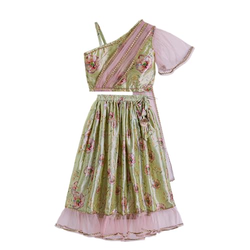 Hopscotch Girls Asymmetrical Yellow 2-Pc Ruffle Embellished Lehenga Choli Set For Ages (5-6 Years)