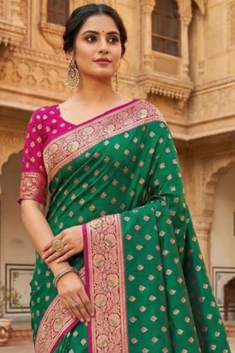SGF11 Women's Kanjivaram Soft Silk Saree With Unstiched Blouse Piece (Green)