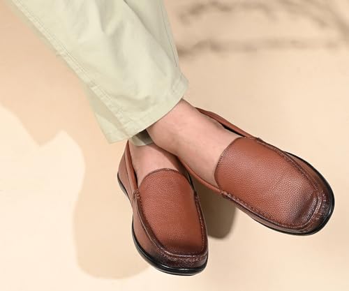 LOUIS STITCH Men's Russet Tan Slip-On Loafers | Ultra Lightweight Slip-On Solid Formal Shoes for Men | Loafers with All-Day Comfort | LSFLPDMPUTN | UK-9