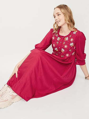 Max Women Embroidered Fit & Flare Midi Dress (EMBDRS33008RED)_XL