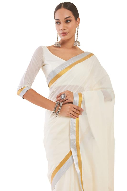 Soch Women Off White Cotton Kasavu Saree With Golden And Silver Zari Borders, Off-White