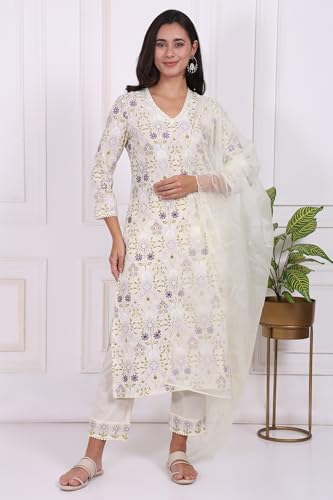 W for Woman White Floral Printed Embroidered Pure Cotton Straight Kurta, Pants and Dupatta Set - (WS12421-401366-XS)