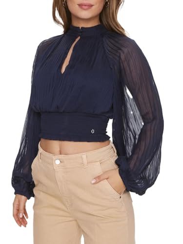 GUESS Blue Polyester Solid Bianca Pleated Top