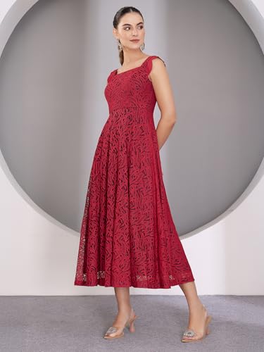 Miss Chase Womens Square Neck Sleeveless Self-Designed Ruffled Midi Lace Dress (MCSS25D16-76-143-04, Maroon, M)