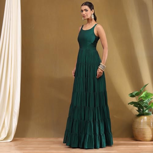 BIBA Emerald Green Silk Festive Tiered Anarkali Dress