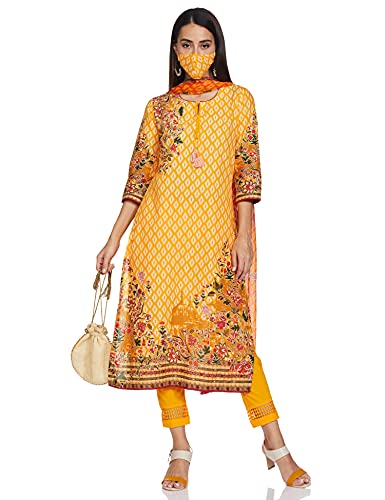 BIBA Cotton Women's Printed Narrow Salwar Kurta Dupatta(Skdikat Bag7483_Yellow_34)