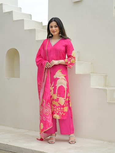 Divena Pink Muslin Digital Print Kurta Pant Set with Dupatta-DK2174
