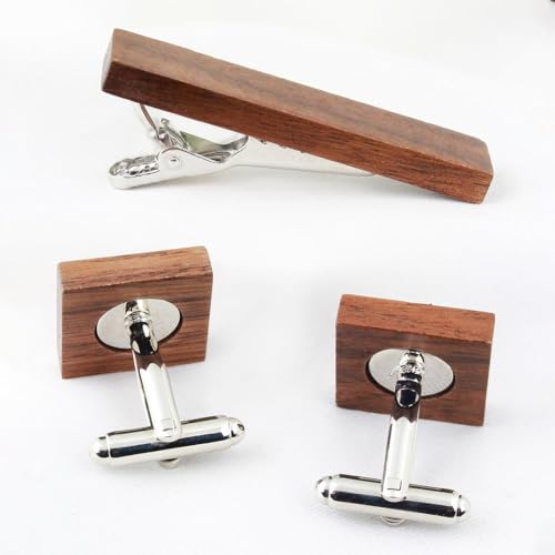Peluche Walnut Stripes Teak Wood Silver Colored Cufflink and Tie Pin Set for Men