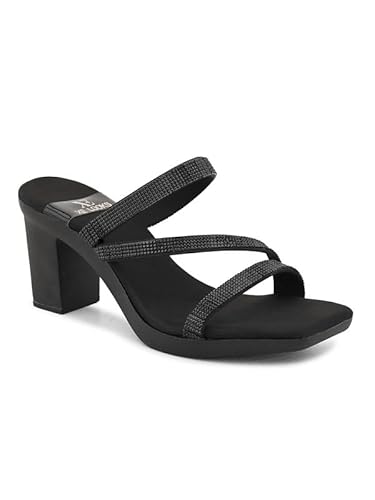 XE Looks Black Women's Fashion Sandals | Faux Leather Soft and Trendy SlipOn Block Heel | Casula & Wedding Occasion | For Women & Girls