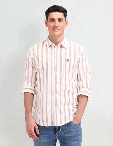 U.S. POLO ASSN. DENIM CO. Vertical Striped Slim Fit Cotton Shirt (UDSHT1388_Rust_40)