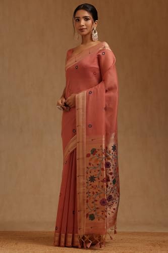 Soch Womens Peach Chanderi Woven Design Saree