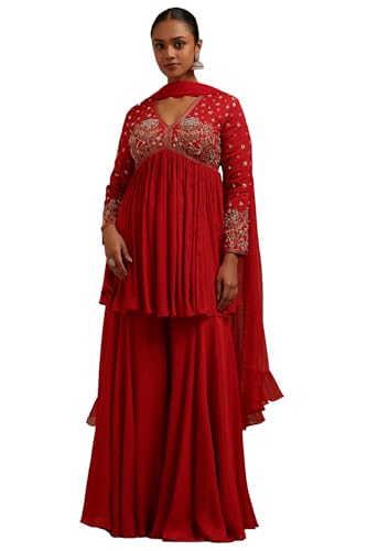 Soch Womens Red Chinon Hand Embroidered Suit Set With Cutdana