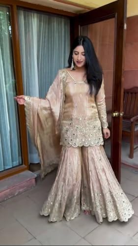 SAMUYA Embroidered Sharara Set, Beige, Net Fabric, Sequin Work, 3-Piece Suit with Dupatta (IN, Alpha, 2XL, Regular)