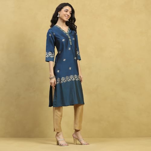 Rangriti Women Blue Polyester Blend Printed Straight Kurta_36