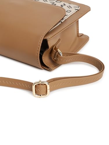 Fastrack Printed PU Structured Sling Bag for Women, Ladies and Girls | Sling Bag with Doodle Print and Button Closure Tan