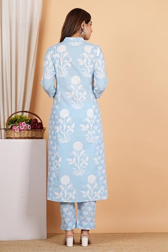 Yash Gallery Women's Cotton Calf Length V-Neck 3/4th Sleeves Botanical Floral Print Regular Fitted Mirror Work Anarkali Kurta With Pant & Dupatta (Blue, 8XL)