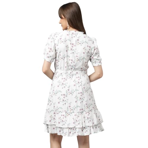 Latin Quarters Women Lilac V-Neck Short Sleeves A-Line Printed Dress_M