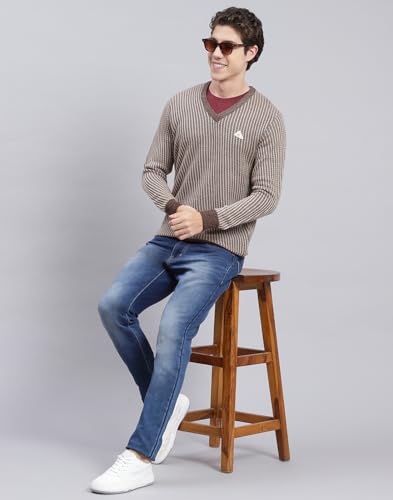 Monte Carlo Dark Brown Multi Self Design V Neck Pullover | Warm Woolen Pullover for Men | Soft Comfortable Knitted Winter Wear Sweater for Men's