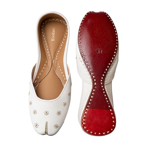 KORAKARI Women's Genuine Leather Traditional Ethnic Vanilla Handmade Punjabi Jutti, Leather Flat Comfortable Mojaris for Girls (Size: UK6, White)
