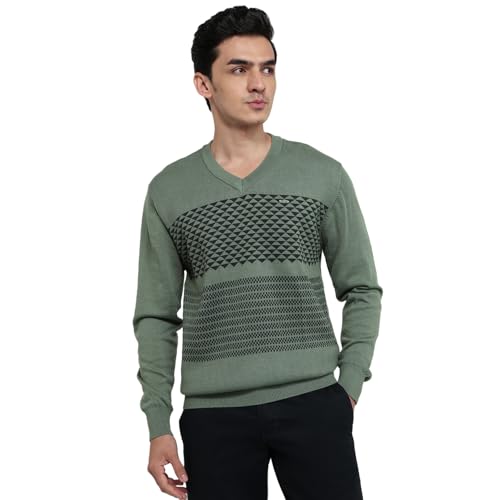 Colorplus Men Regular Fit Jacquard Pattern Merino Wool Acrylic Blend Full Sleeve V Neck Casual Sweater