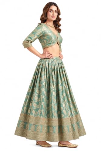 Women's Sea Green Floral Printed Anarkali Dress with Shrug, L