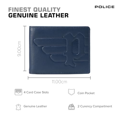Police Men's Black Genuine Leather Wallet | Bi-Fold Coin Wallet with Card Slots & Coin Pocket | Elegant, Durable & Compact | Ideal for Everyday Use & Gifting (Navy)