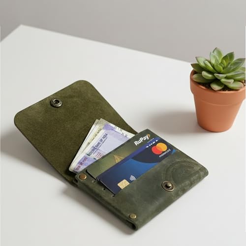 Strutt Crushed Textured Genuine Leather Batua Wallet for Men & Women | Handcrafted Olive Green Leather Cash & Card Holder | Snap Button Closure | Compact Ethnic Money Pouch