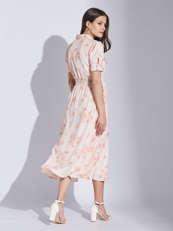 Latin Quarters Women Pink Shirt Collar Half Sleeve Floral Dress_L