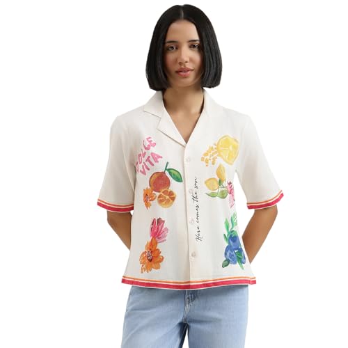 United Colors of Benetton Regular Fit Resort Collar Floral Shirt (Size : L) - 26P5WVNTP310I0R2 White