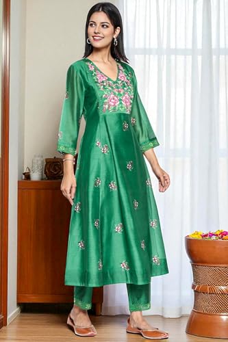 W for Woman Green Printed Chanderi Flared Kurta, Straight Pant and Dupatta Set (Size: M)-WS12961-125861