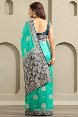 Soch Womens Teal Viscose Botanical Zari Woven Saree With Stone Work