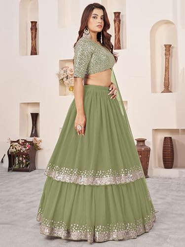Zeel Clothing Women's Sequins Embroidered Georgette New Lehenga Choli with Dupatta (5066-Olive-Womens-Lehenga-Choli-Latest; Free Size) (Olive)