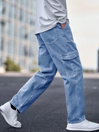 KOTTY Men's Solid Loose Fit Street Style Utility Wear Baggy Cargo Jeans(Blue,32)