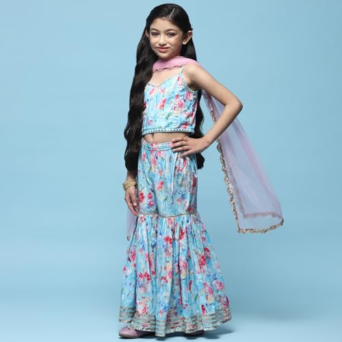 BIBA Girl's Cotton PRINTED STRAIGHT KID Suit Set(KWLAVENDER5839_BLUE_15), 14-15 Years
