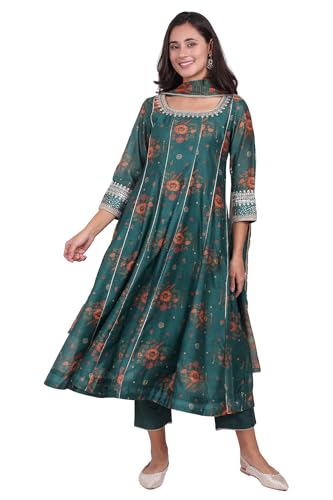 W for Woman Green Floral Printed Sequined Anarkali Kurta, Straight Pants and Dupatta Set - (WS13272-126611-S)