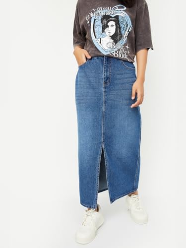 Max Women Washed Denim Skirt (Blue_34)