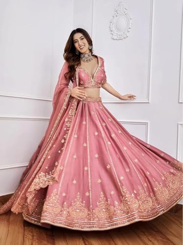 Zeel Clothing Women's Art Silk Semi-Stitched Sequins Dori Embroidered Lehenga Choli with Dupatta (7091-Pink-s-Lehenga-Choli-Latest; Free Size) (Pink)