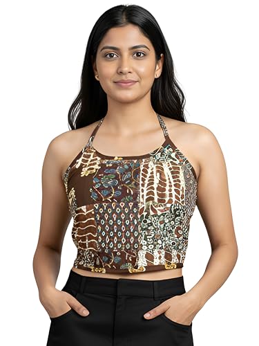 Yash Gallery Women’s Rayon Halter-Neck Printed Crop Blouse for Casual Outings, Party Fashion & Daily Comfort | Soft Breathable Rayon Sleeveless Blouse Top for Girls & Ladies with Trendy Modern Prints