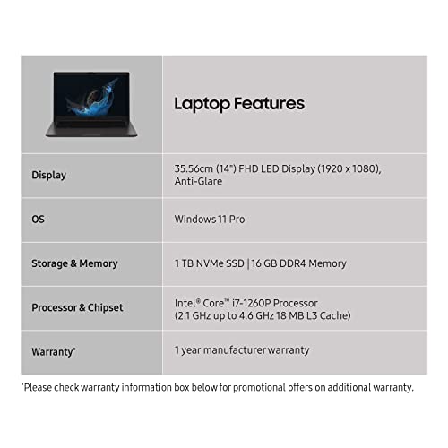Samsung Galaxy Book2 (Graphite, 16GB RAM, 1TB SSD) | 14" Full HD Screen | Intel Core i5-12th Gen Processor | Windows 11 Pro | MS Office 2021, Business Laptop