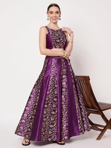 studio rasa Women's Dupion Block Printed Kalidaar Skirt for Wedding Festive Party(SKTC62509S_Purple_Small)