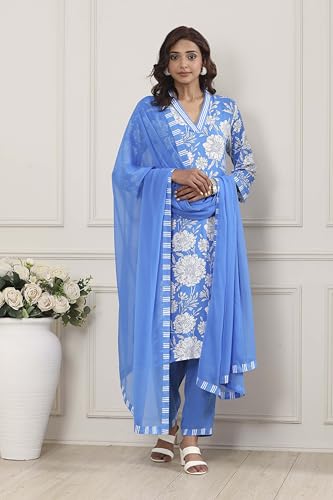 Biba Women Blue Viscose Rayon Straight Suit Set_34