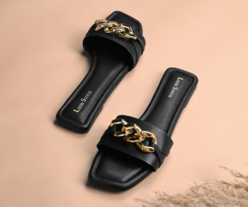 LOUIS STITCH Women’s One strap Flat Sandals | Open Toe Black Comfortable Sandal | LSOF-FI05-SLBSJB | UK-5